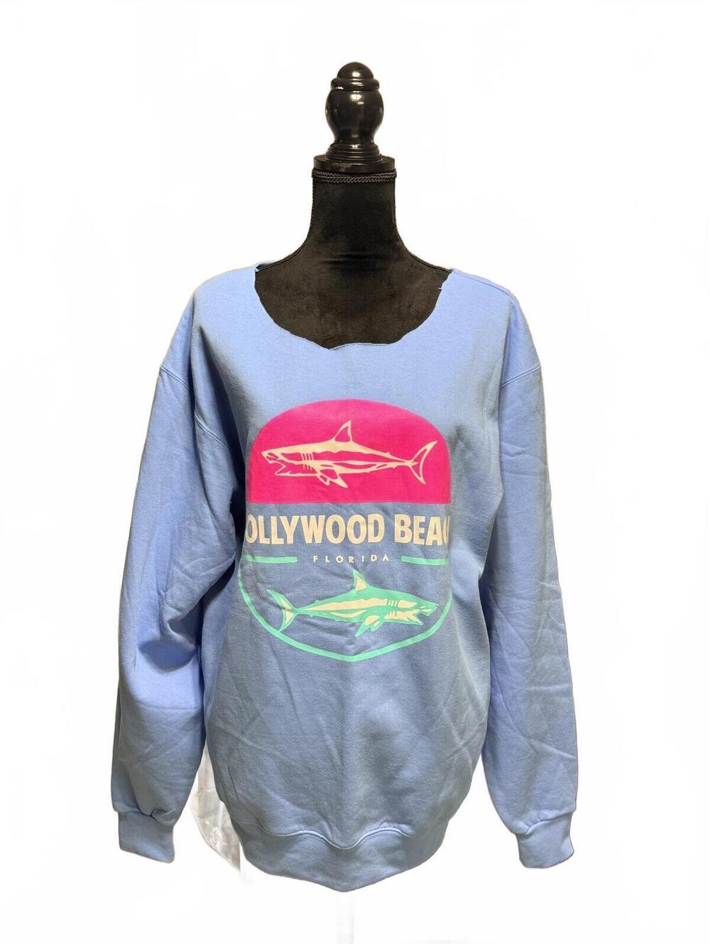 Hollywood Beach Florida Shark Graphic Sweatshirt Blue Grey Vintage Style Size L